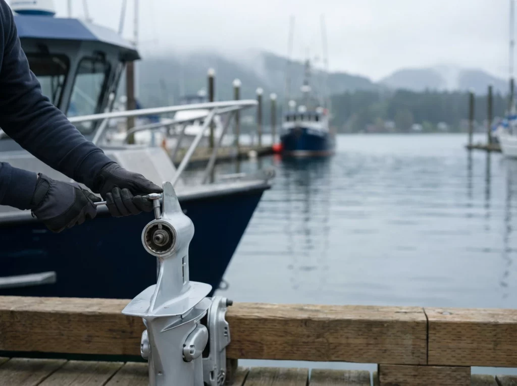 Person repairing outboard motor by water