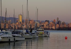 False Creek at sunset with Vancouver skyline