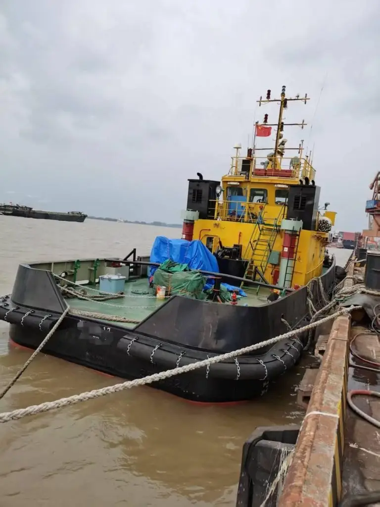 Commercial tugboat bow in drydock for hull repair - VTS Marine